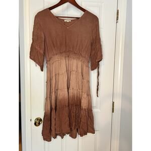 Kings Road Brown Tiered Midi Dress Womens M Boho Cottagecore Peasant Tie Sleeve